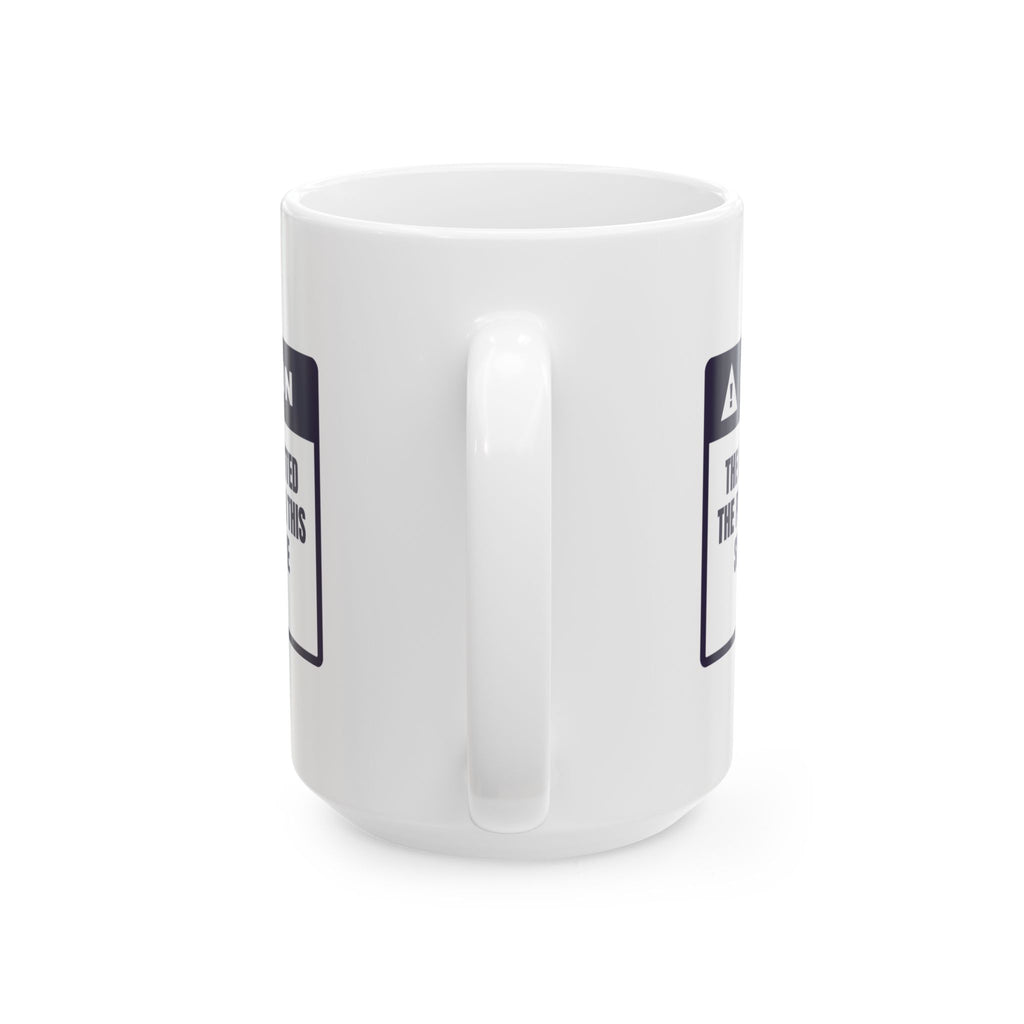 Funny Ugly Sweater Coffee Mug Cat Spotted The Pom-Poms Warning Label