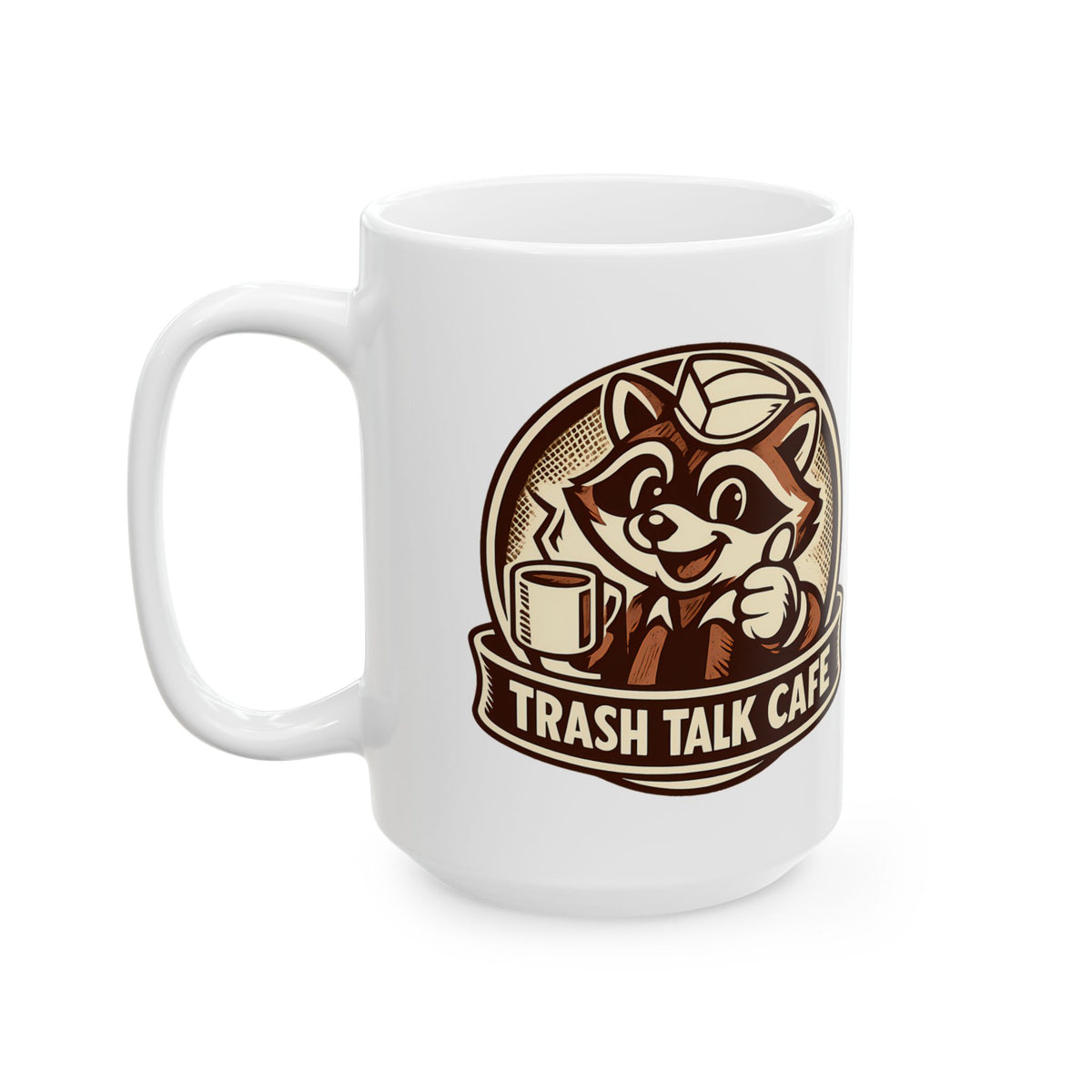 Trash Talk Cafe Funny Retro Raccoon Coffee Mug