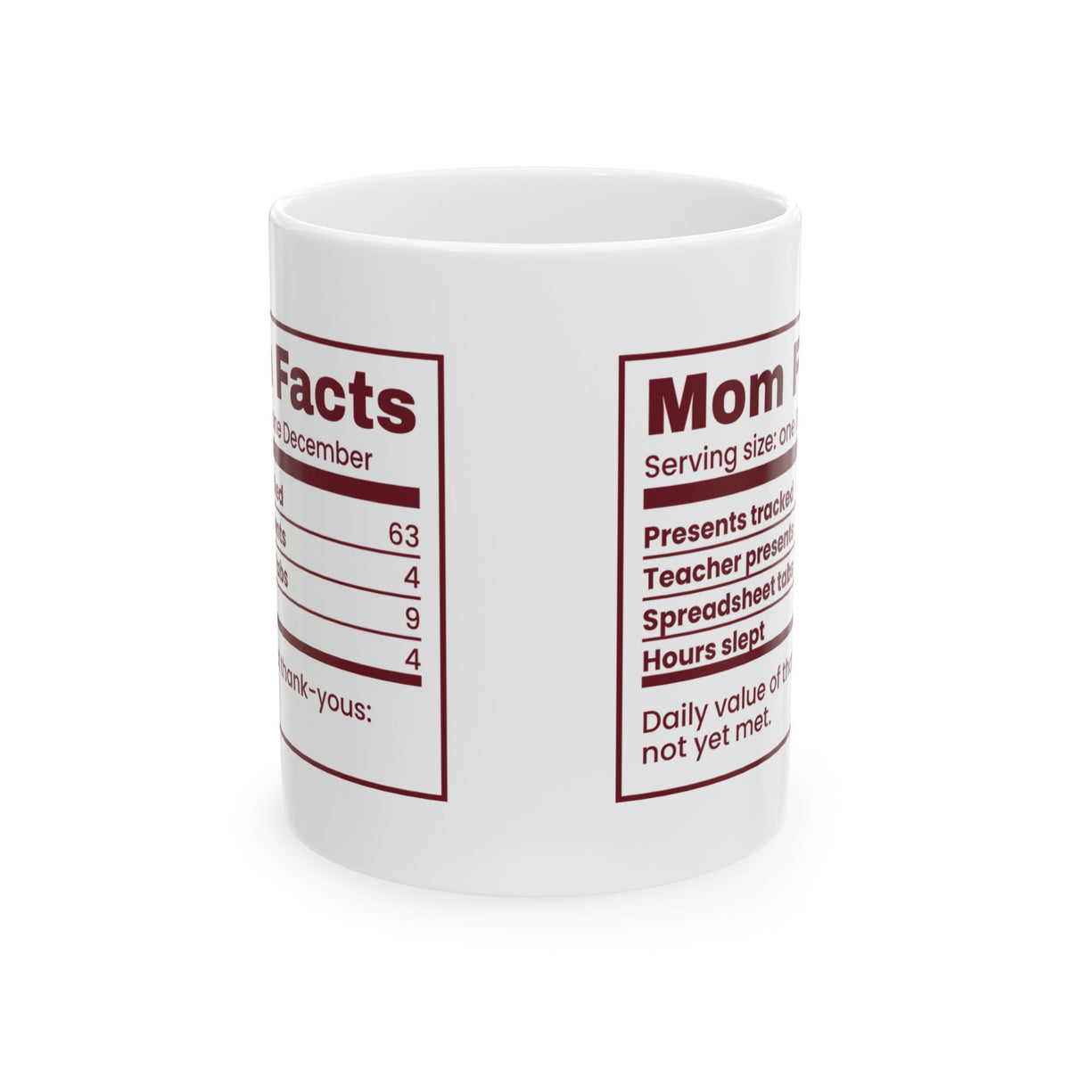 Funny Christmas Coffee Mug Mom Facts December Edition Nutrition Label