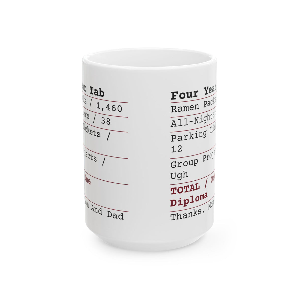 Funny College Graduation Coffee Mug Four Year Tab Receipt One Diploma
