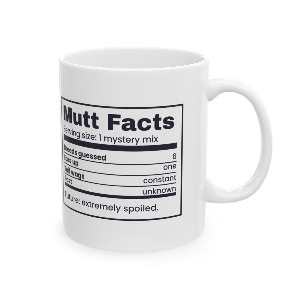 Funny Rescue Dog Coffee Mug Mutt Facts Nutrition Label One Ear Up