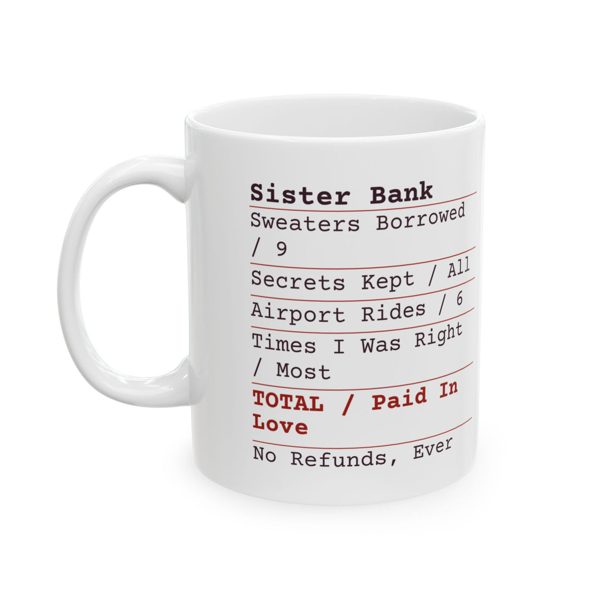 Funny Sister Coffee Mug Sister Bank Receipt Paid In Love