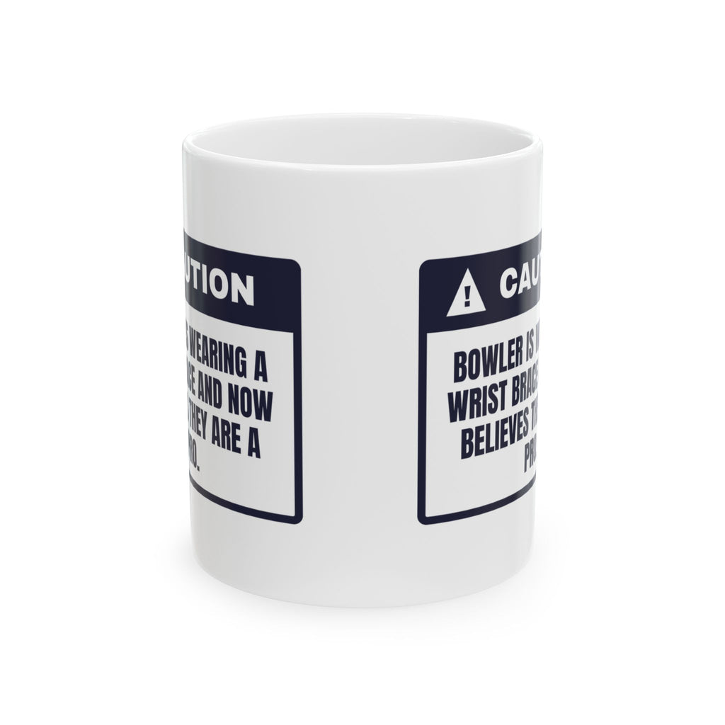 Funny Bowling Coffee Mug Wrist Brace On Now A Pro Warning Label