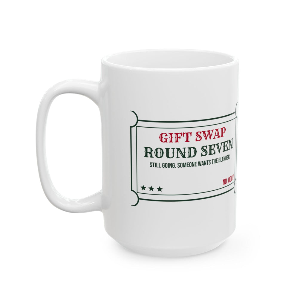 Funny White Elephant Gift Swap Coffee Mug Round Seven Still Going