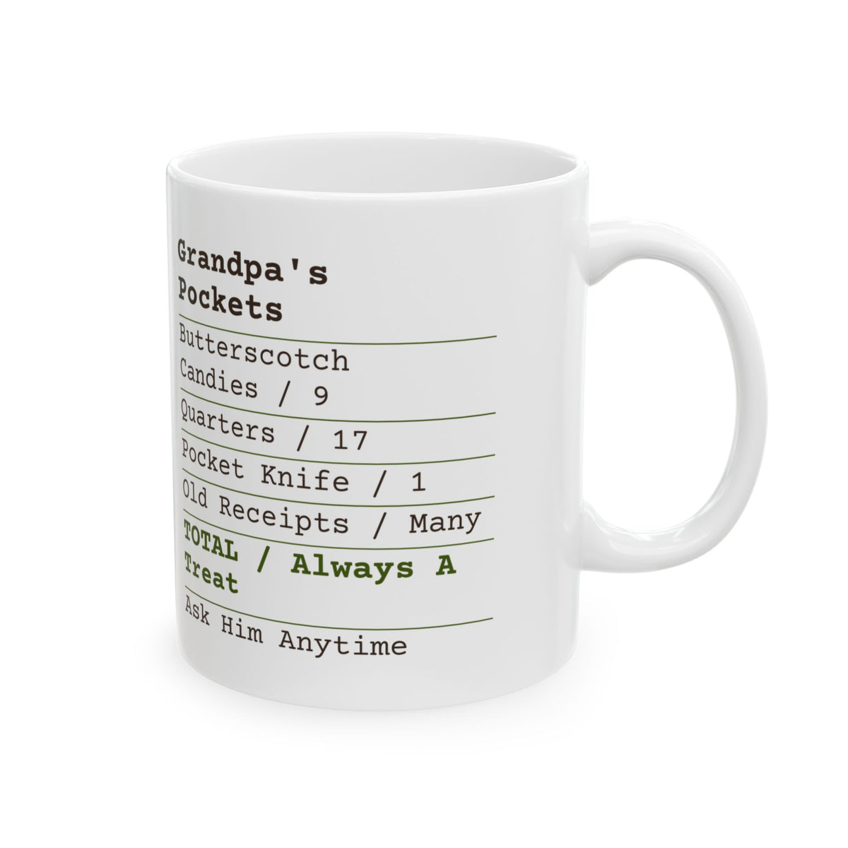 Father's Day Coffee Mug Grandpa's Pockets Receipt Butterscotch