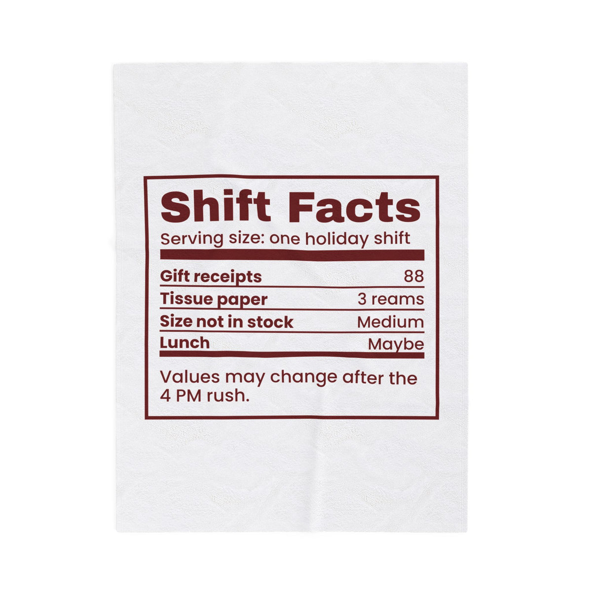 Funny Christmas Retail Worker Throw Blanket Shift Facts Nutrition Label