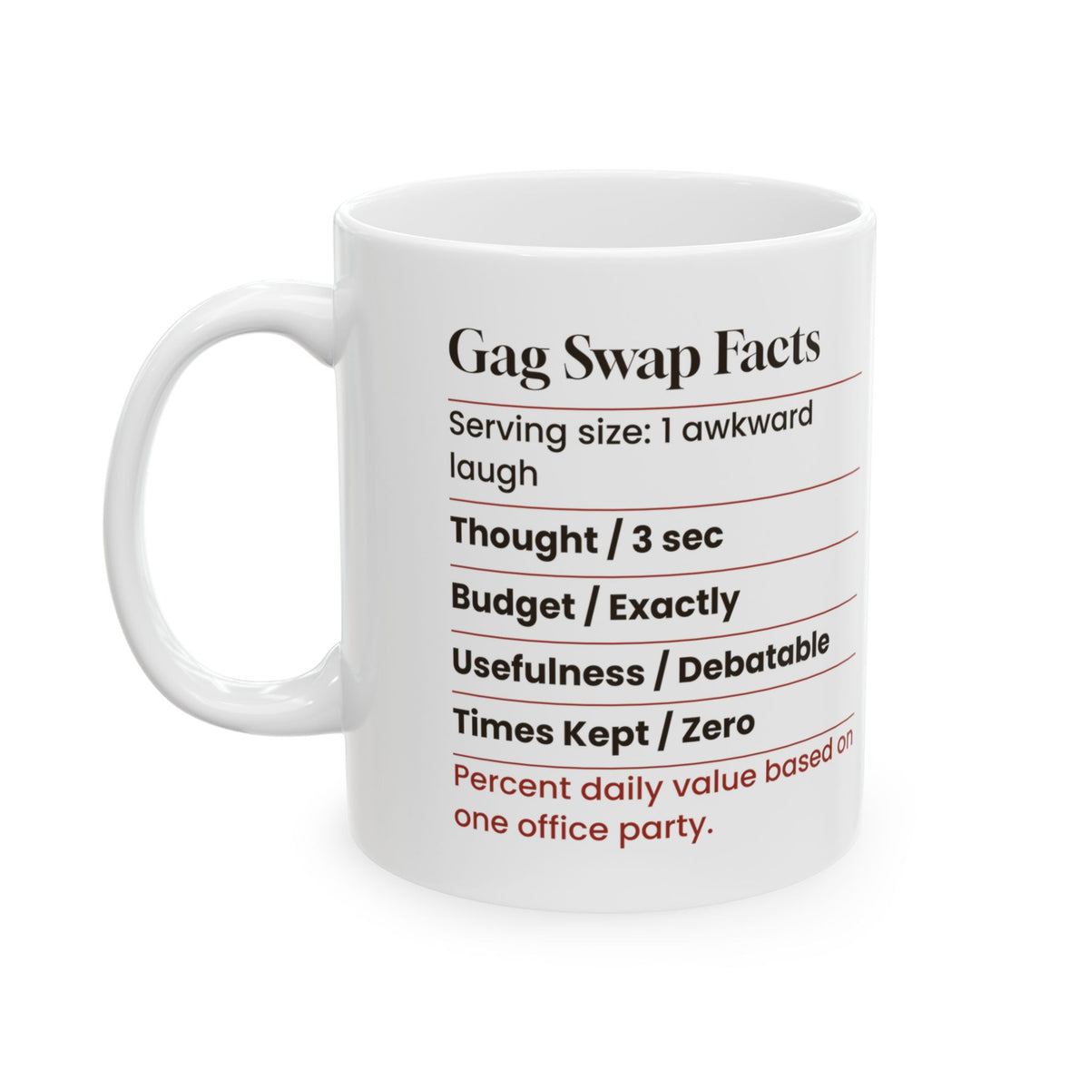 Funny White Elephant Coffee Mug Gag Swap Facts Nutrition Label