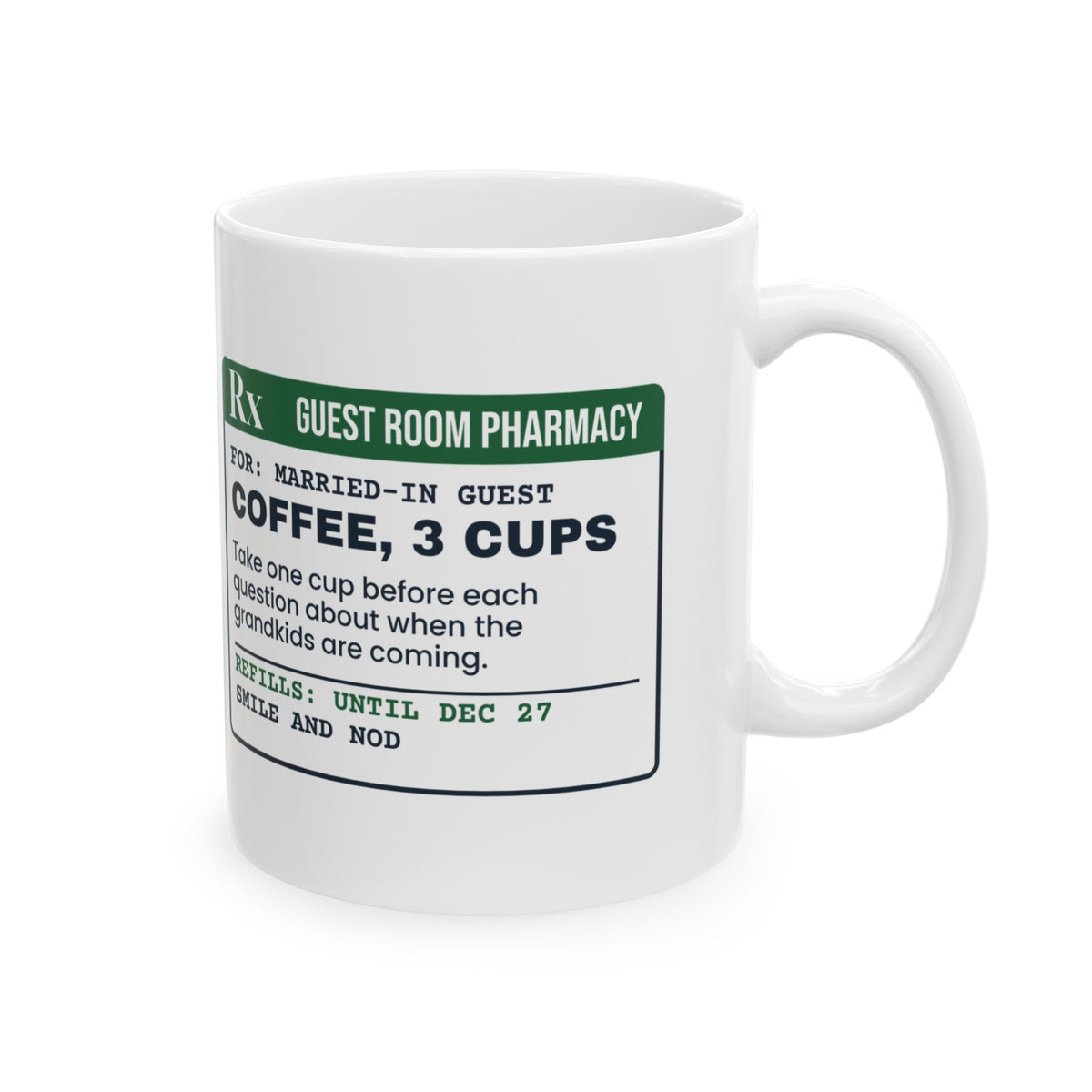 Funny Christmas Coffee Mug Smile And Nod Prescription For In-Laws Visit