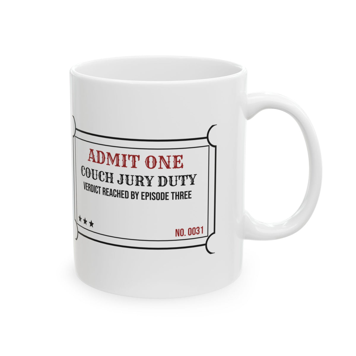 Funny True Crime Coffee Mug Couch Jury Duty Verdict By Episode Three