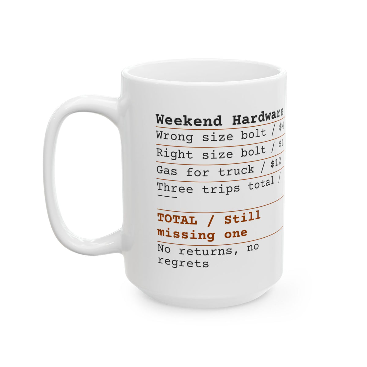 Hardware Store Receipt Coffee Mug Still Missing One Bolt For Dad