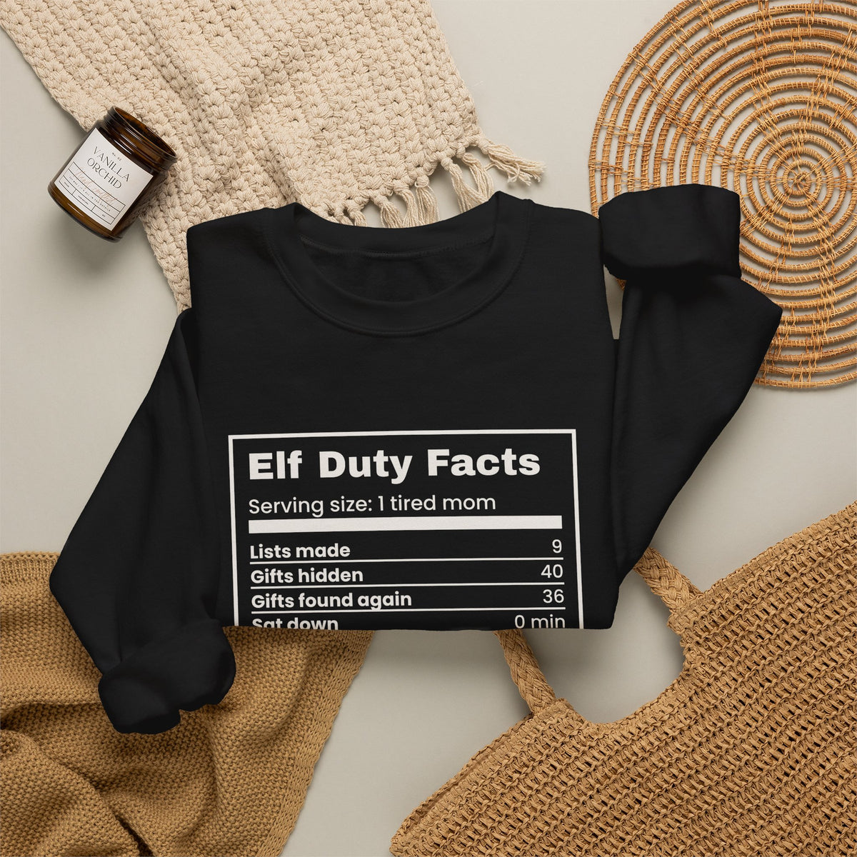 Funny Christmas Mom Sweatshirt Elf Duty Facts Nutrition Label