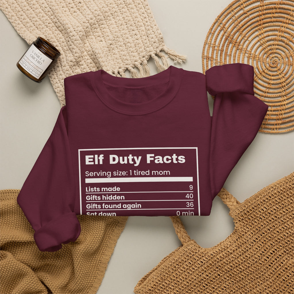 Funny Christmas Mom Sweatshirt Elf Duty Facts Nutrition Label