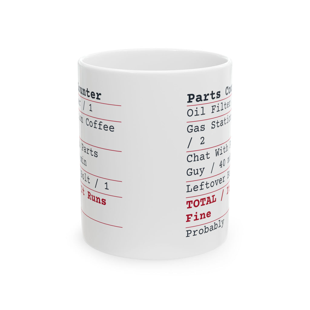 Funny Car Guy Coffee Mug Parts Counter Receipt Leftover Bolt