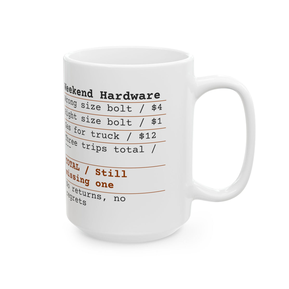 Hardware Store Receipt Coffee Mug Still Missing One Bolt For Dad