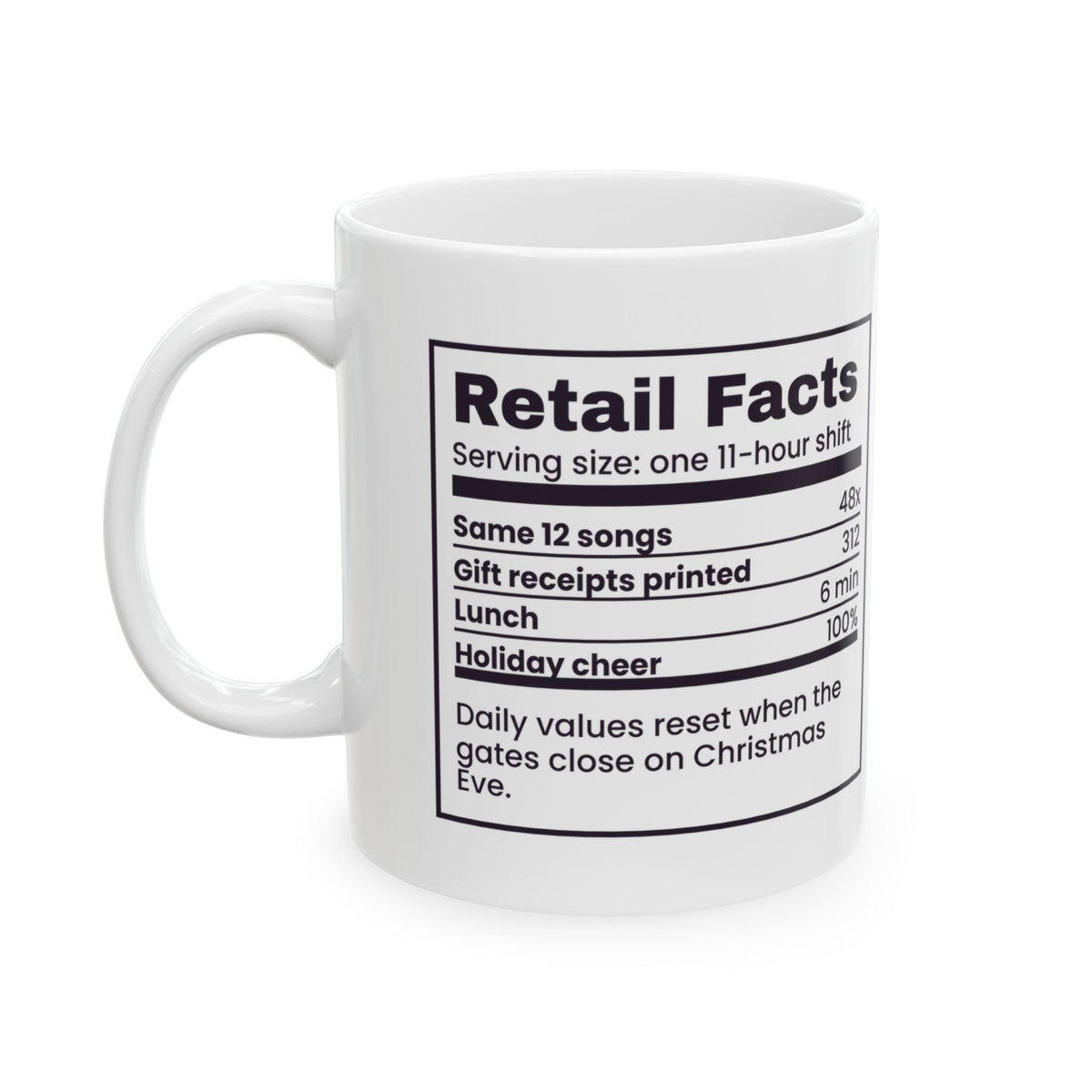 Funny Christmas Retail Coffee Mug Retail Facts Nutrition Label