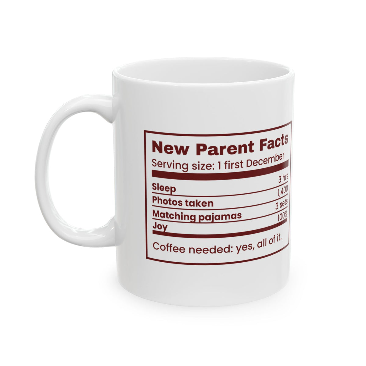 Funny Christmas Coffee Mug New Parent Facts Nutrition Label