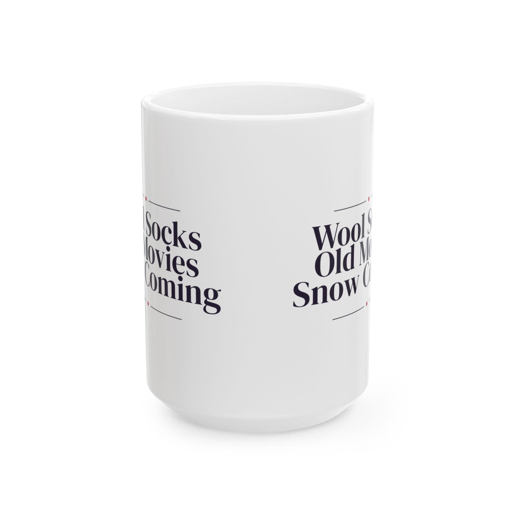 Christmas Cozy Coffee Mug Wool Socks Old Movies Snow Coming