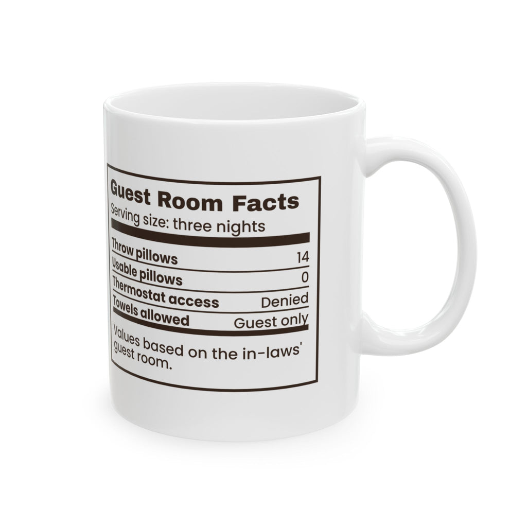 Funny In-Laws Christmas Visit Coffee Mug Guest Room Facts Label