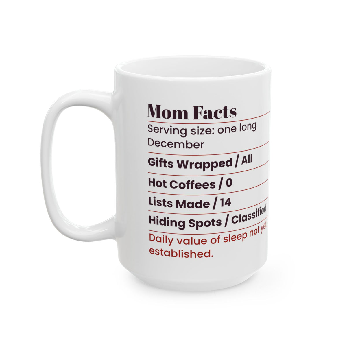 Funny Mom Christmas Coffee Mug Mom Facts Nutrition Label