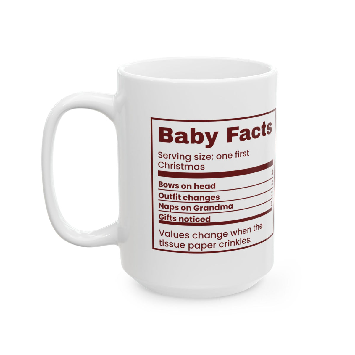 Funny Baby First Christmas Coffee Mug Baby Facts Nutrition Label