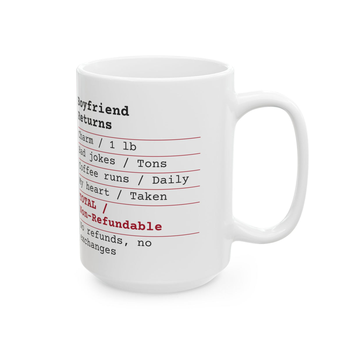 Funny Boyfriend Receipt Coffee Mug Non Refundable For Him