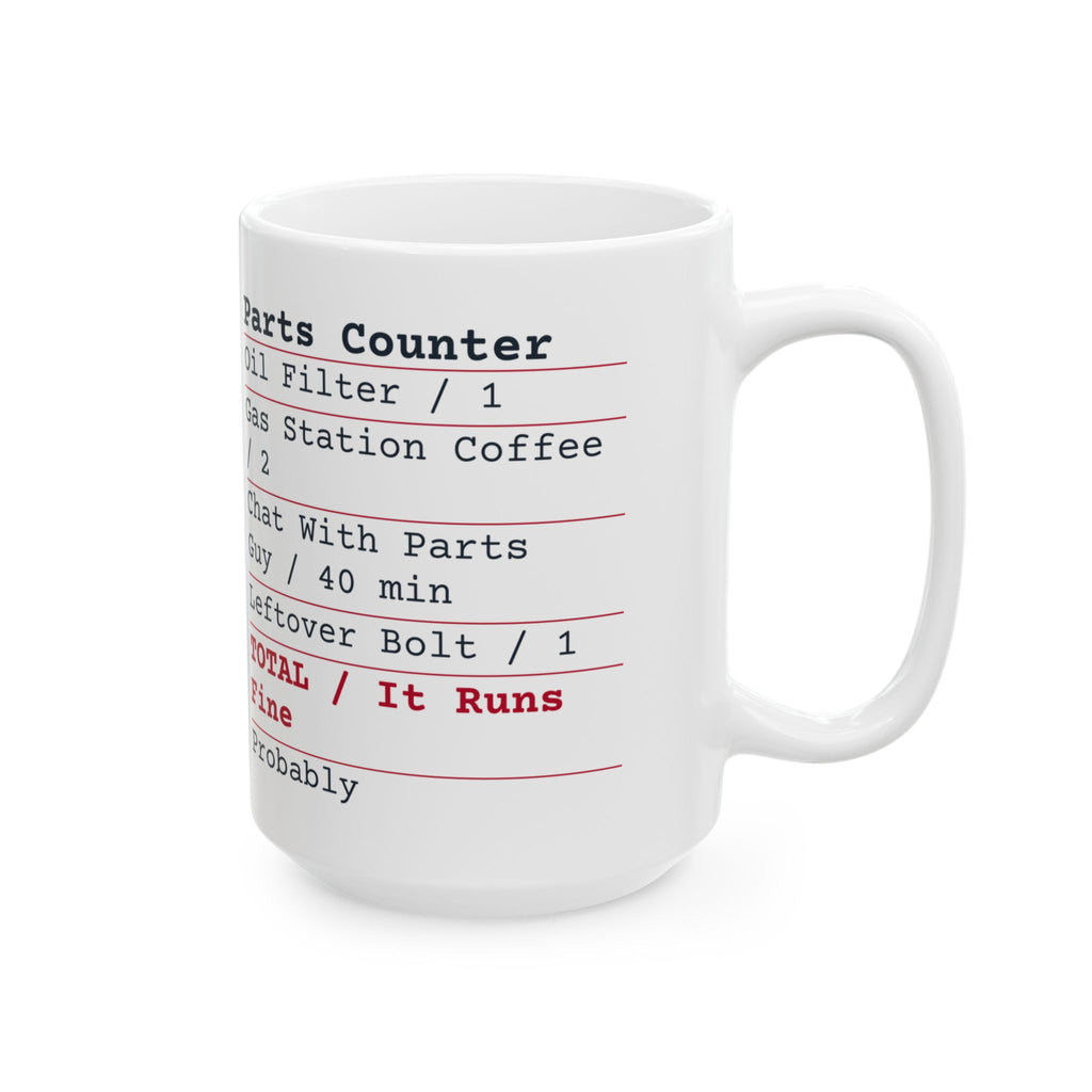 Funny Car Guy Coffee Mug Parts Counter Receipt Leftover Bolt
