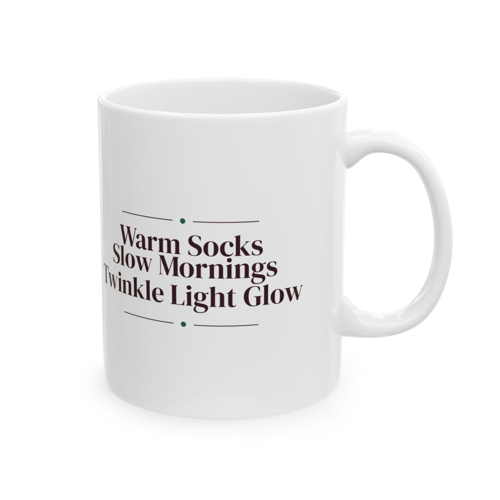 Cozy Christmas Coffee Mug Warm Socks Slow Mornings Twinkle Light Glow
