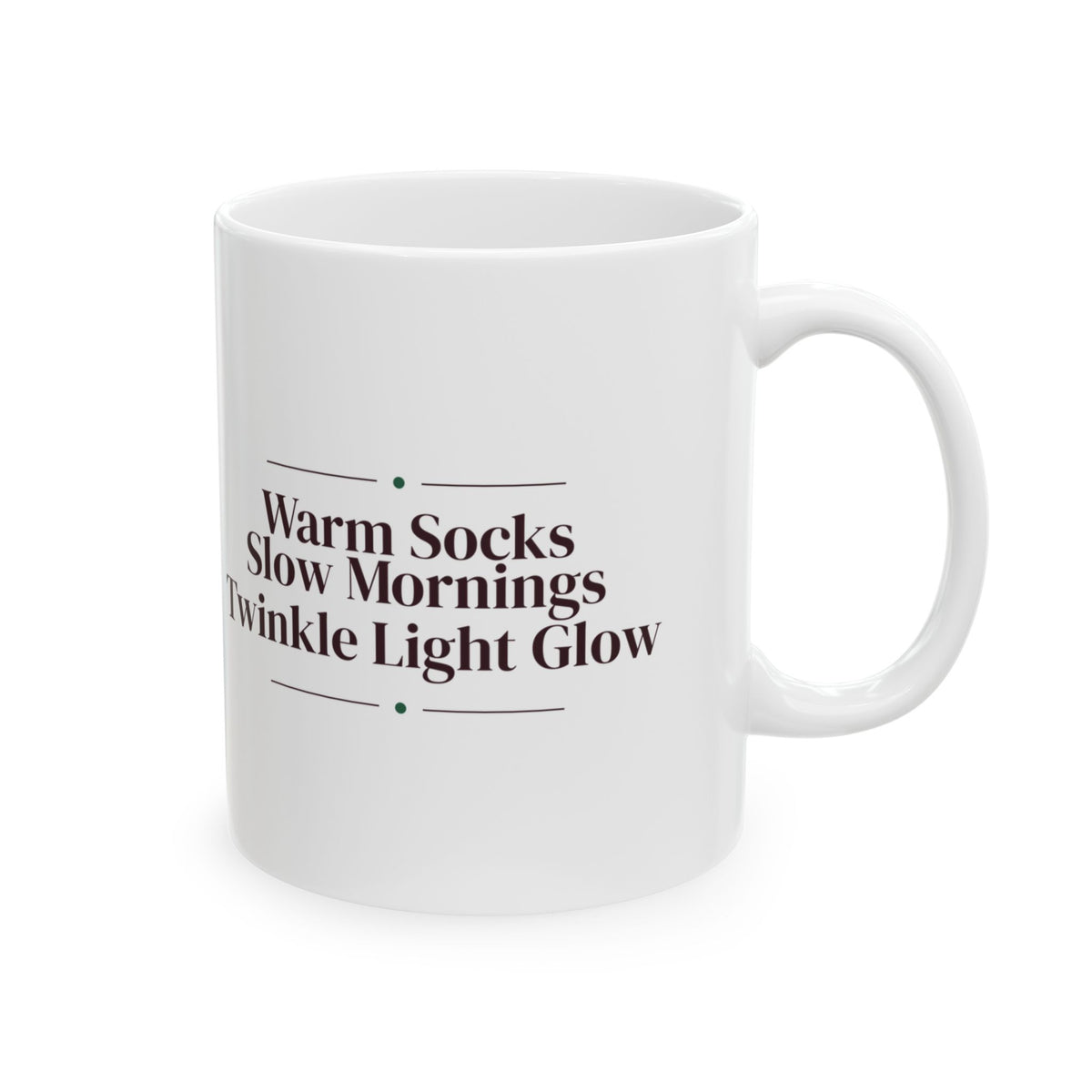 Cozy Christmas Coffee Mug Warm Socks Slow Mornings Twinkle Light Glow
