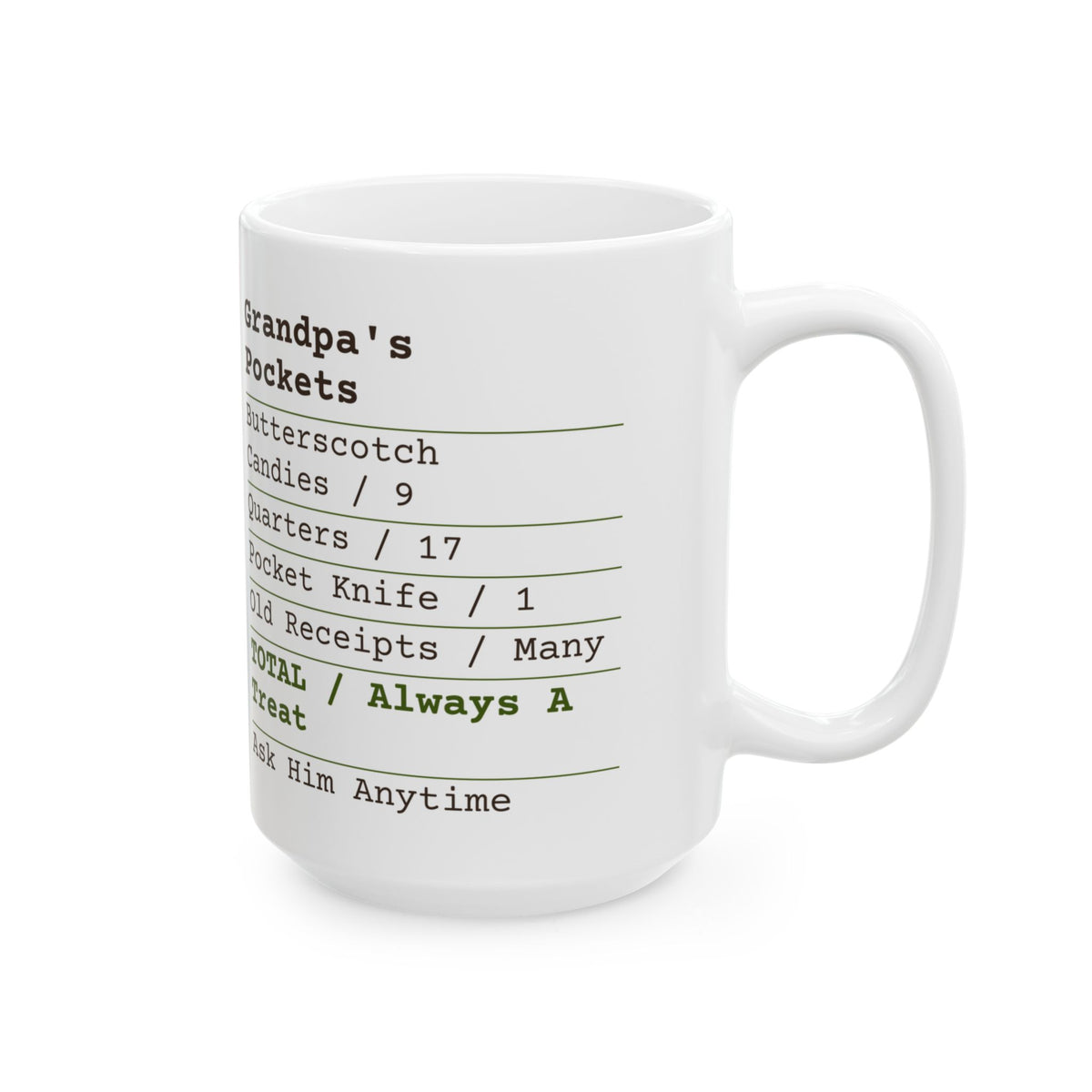 Father's Day Coffee Mug Grandpa's Pockets Receipt Butterscotch