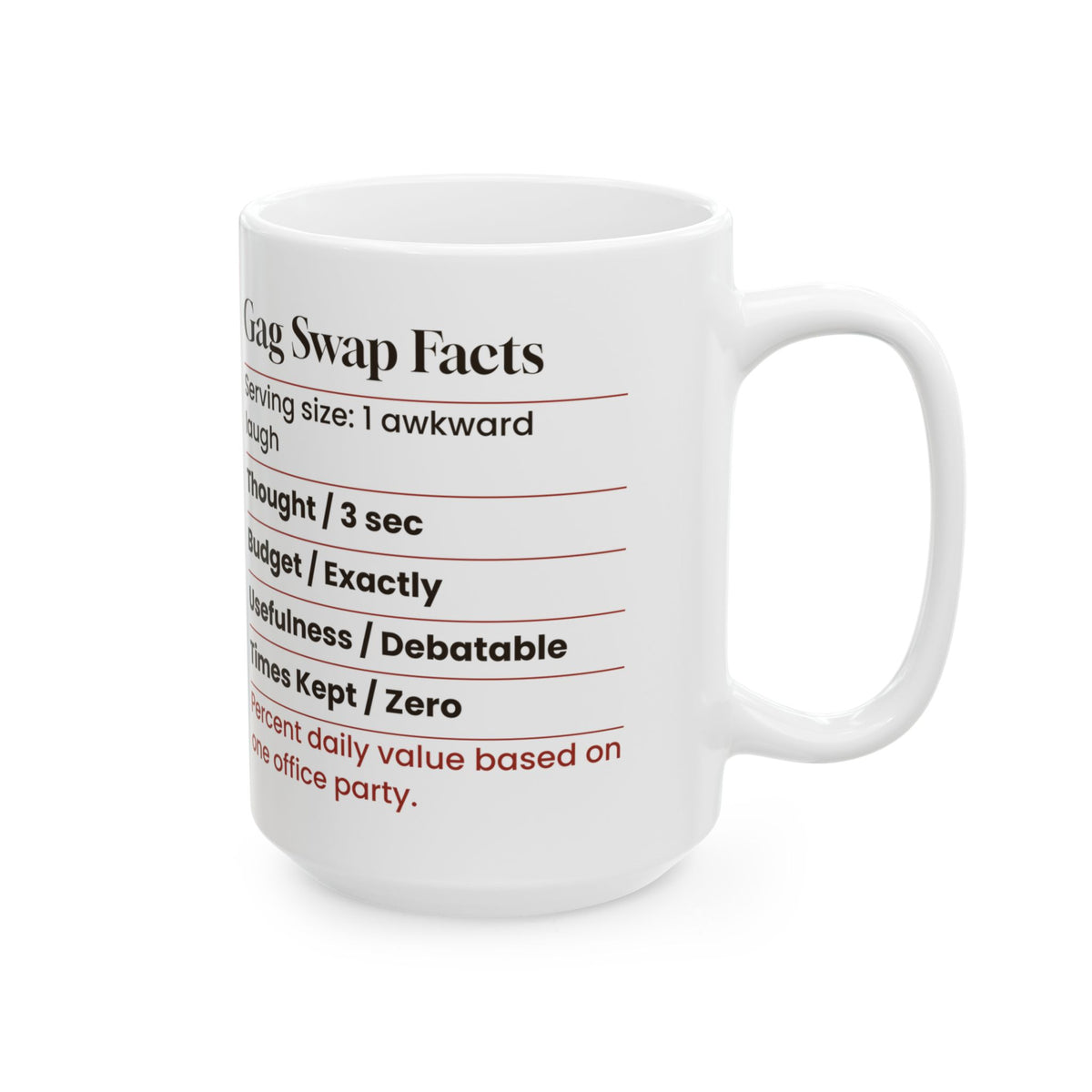 Funny White Elephant Coffee Mug Gag Swap Facts Nutrition Label