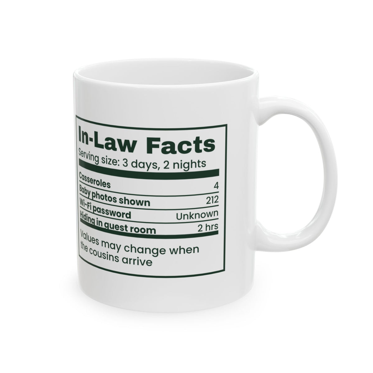 Funny Christmas Coffee Mug In-Law Facts Three Days Two Nights