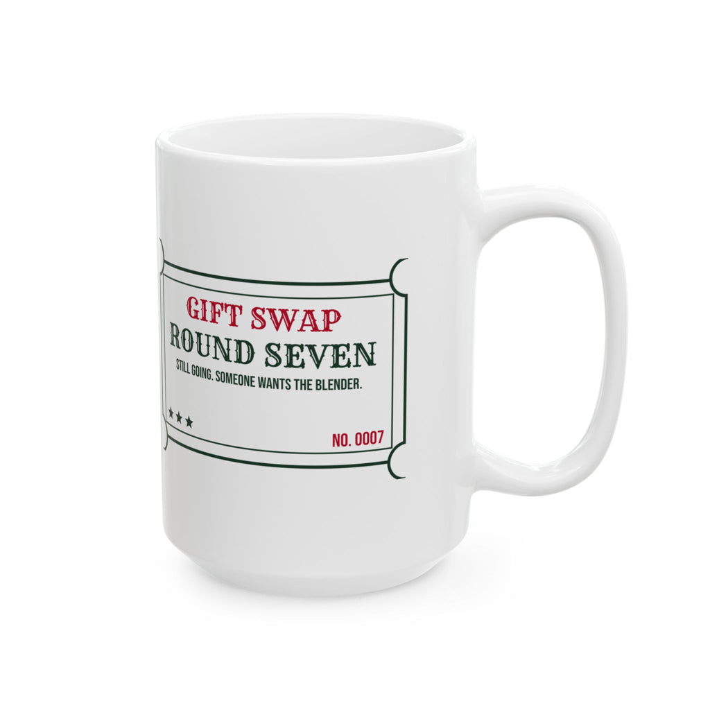 Funny White Elephant Gift Swap Coffee Mug Round Seven Still Going