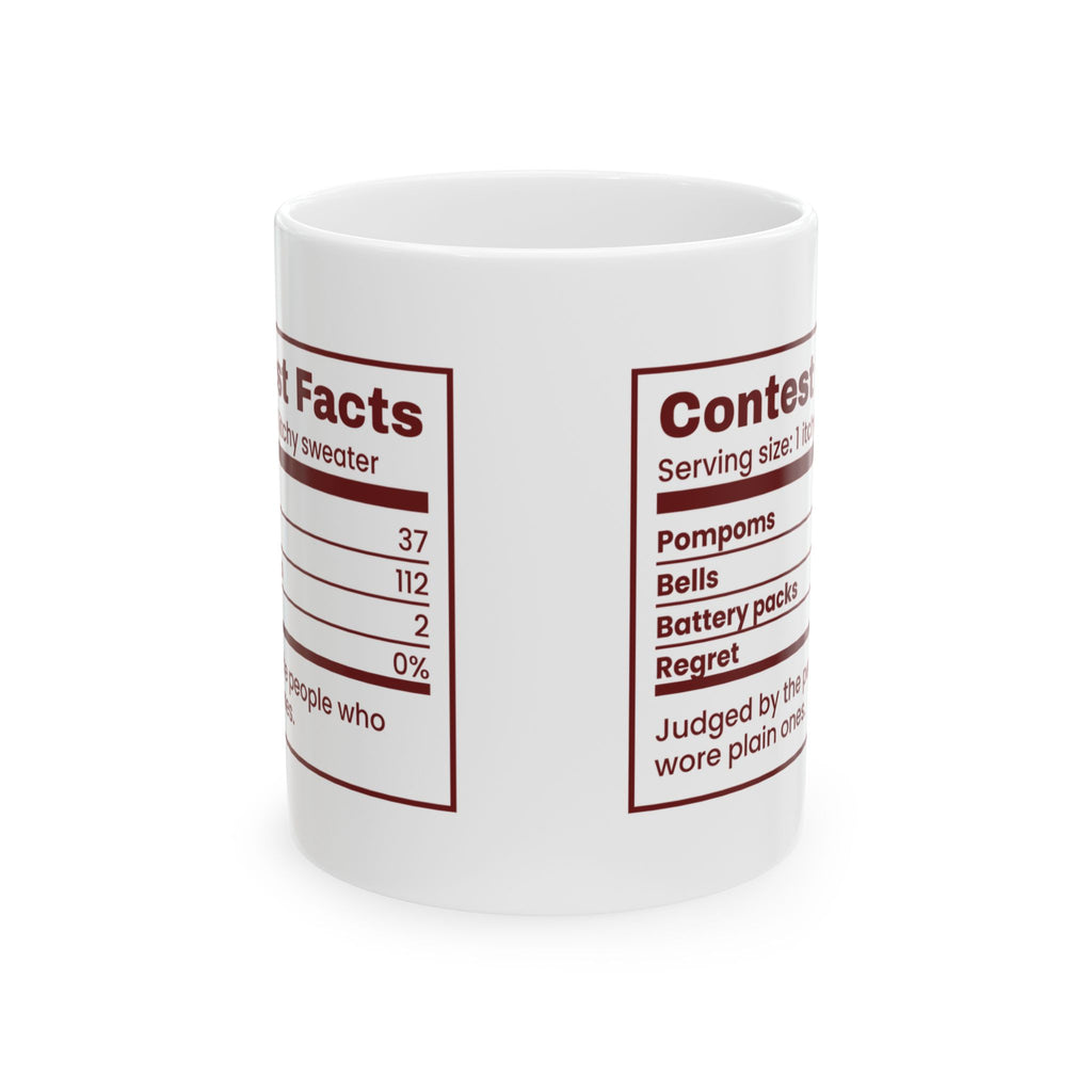 Funny Ugly Sweater Coffee Mug Contest Facts Pompoms And Bells Label