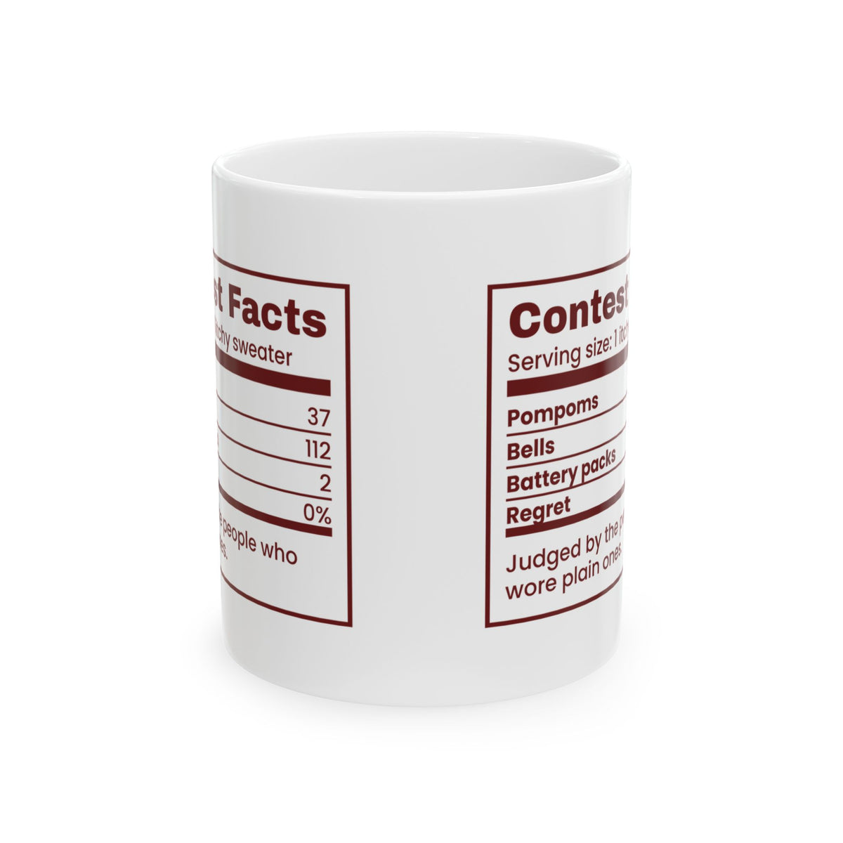 Funny Ugly Sweater Coffee Mug Contest Facts Pompoms And Bells Label