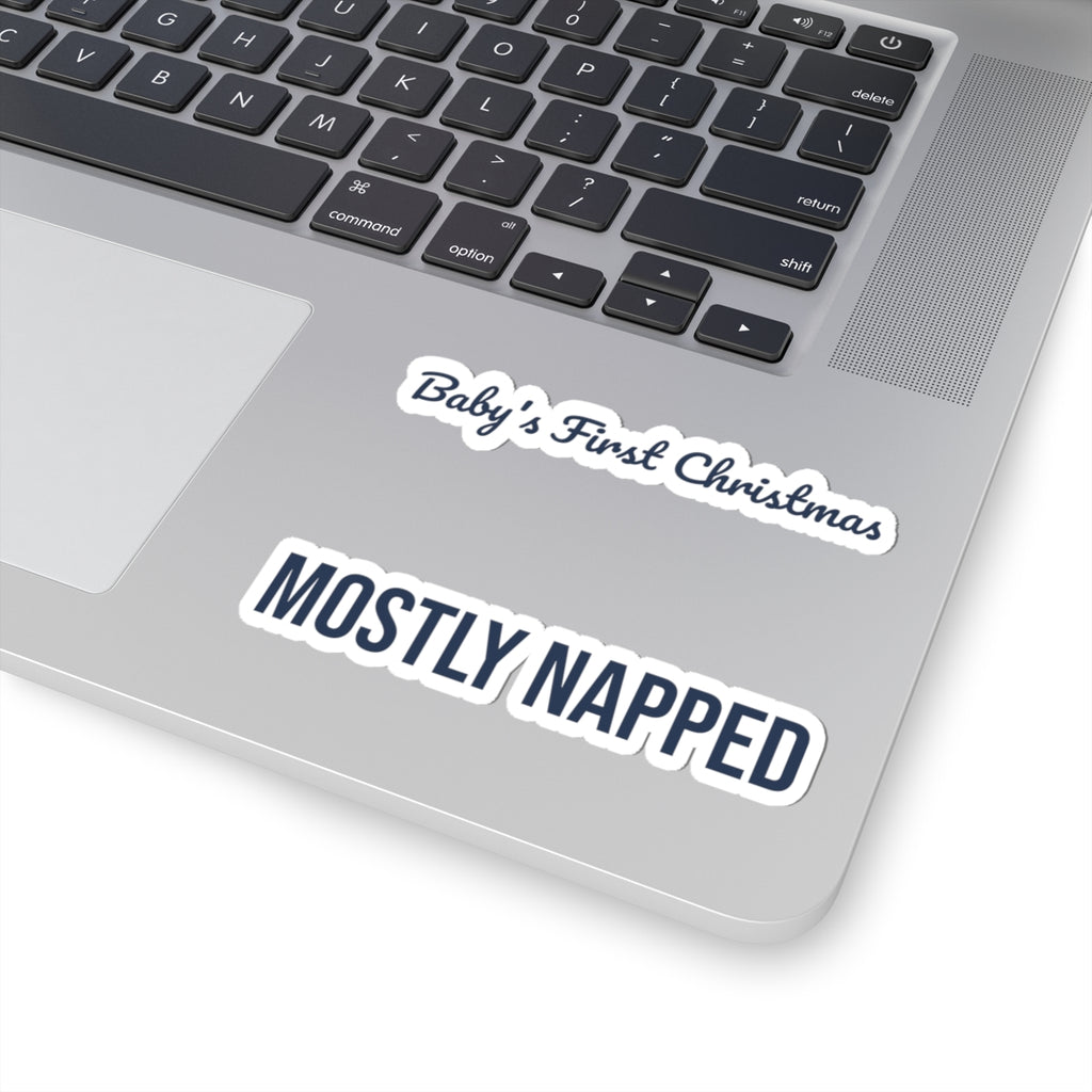 Funny Baby's First Christmas Sticker Mostly Napped New Parents