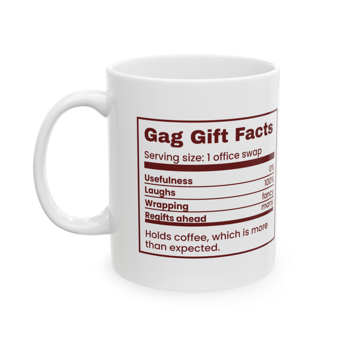 Funny White Elephant Coffee Mug Gag Gift Facts Nutrition Label