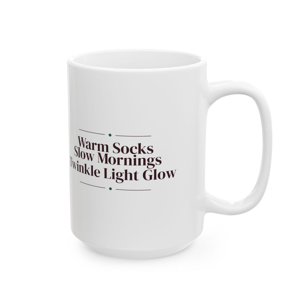 Cozy Christmas Coffee Mug Warm Socks Slow Mornings Twinkle Light Glow