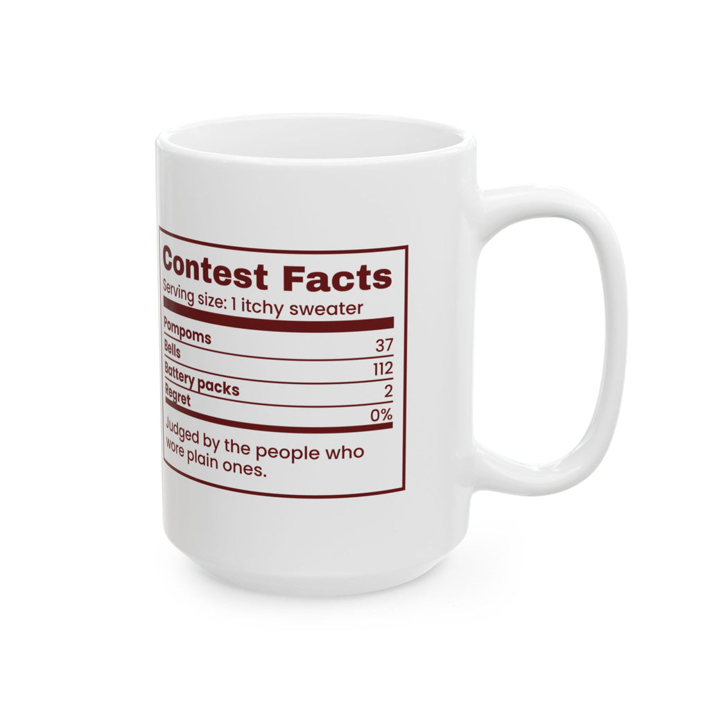 Funny Ugly Sweater Coffee Mug Contest Facts Pompoms And Bells Label