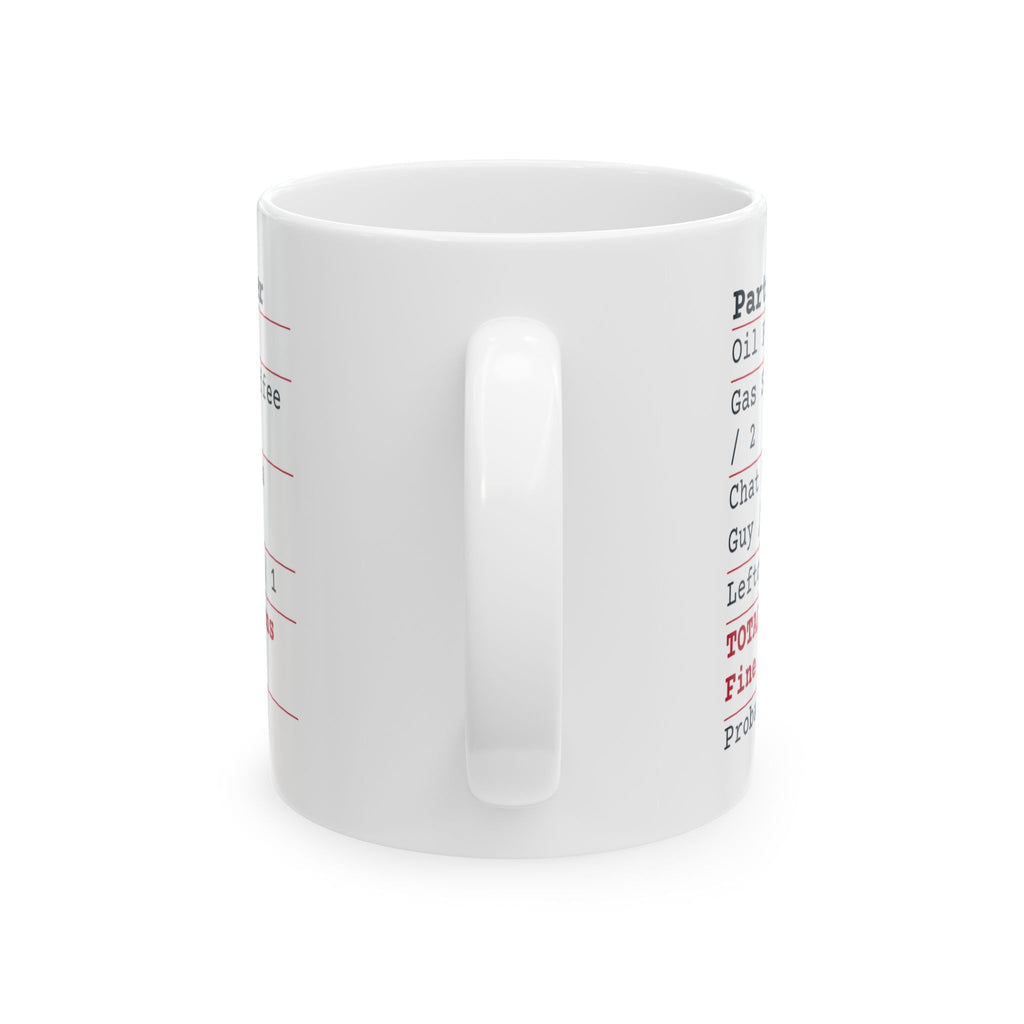 Funny Car Guy Coffee Mug Parts Counter Receipt Leftover Bolt