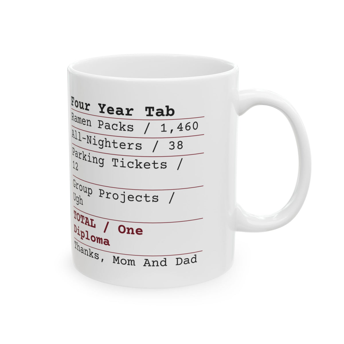 Funny College Graduation Coffee Mug Four Year Tab Receipt One Diploma