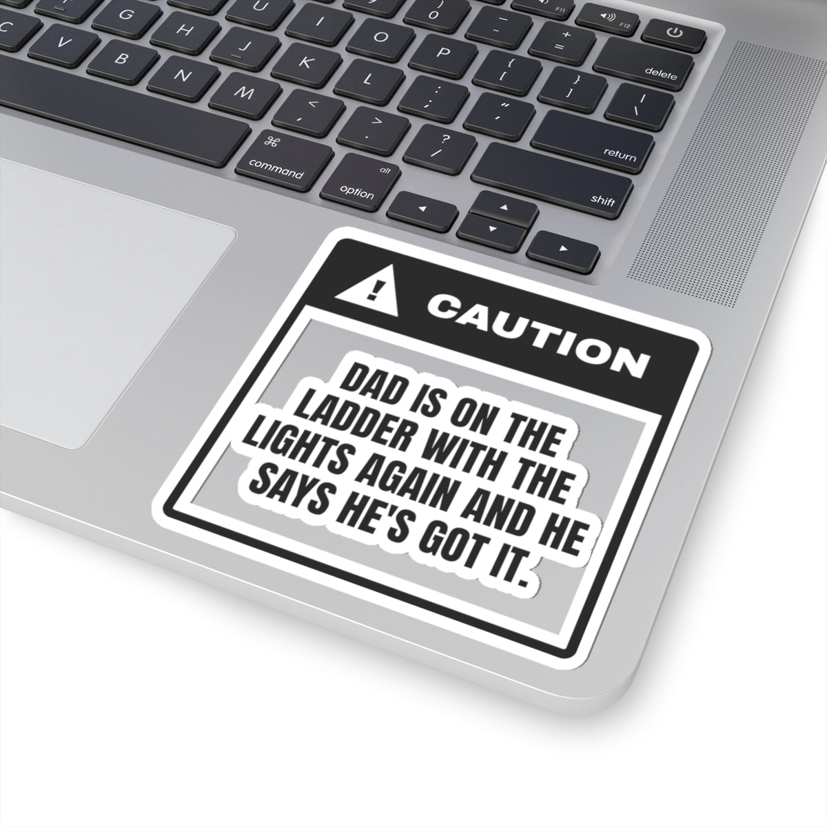 Funny Christmas Sticker Dad On The Ladder He's Got It Warning Label