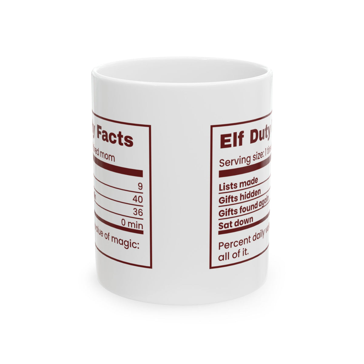 Funny Christmas Mom Coffee Mug Elf Duty Facts Nutrition Label