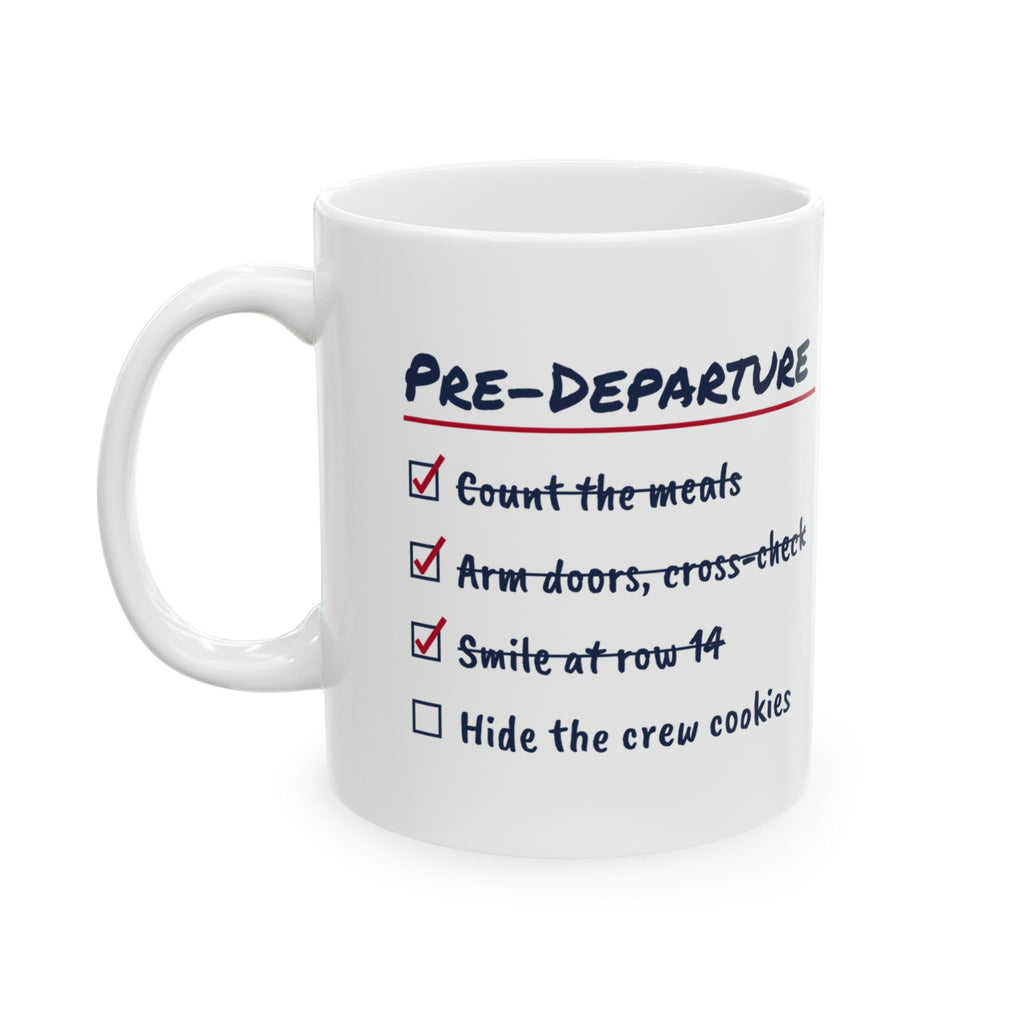 Funny Flight Attendant Coffee Mug Pre-Departure Checklist Crew Cookies