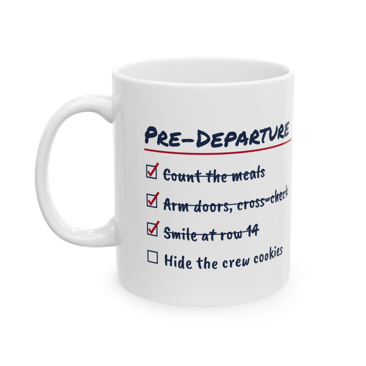 Funny Flight Attendant Coffee Mug Pre-Departure Checklist Crew Cookies