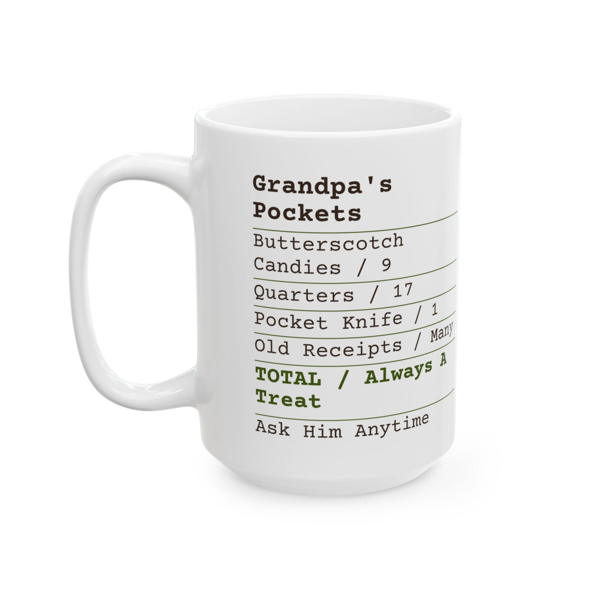 Father's Day Coffee Mug Grandpa's Pockets Receipt Butterscotch