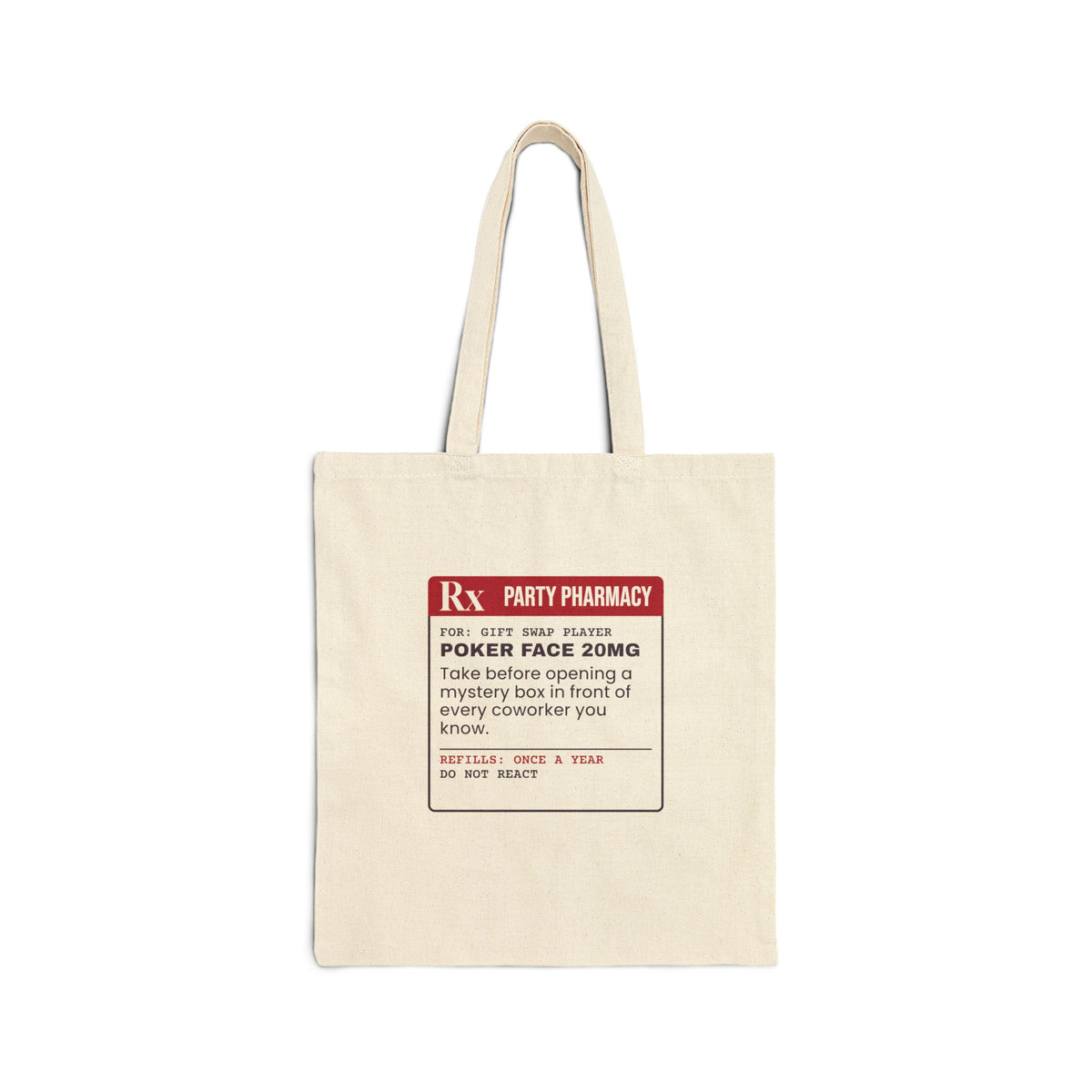 Funny White Elephant Tote Bag Poker Face 20mg Prescription Label