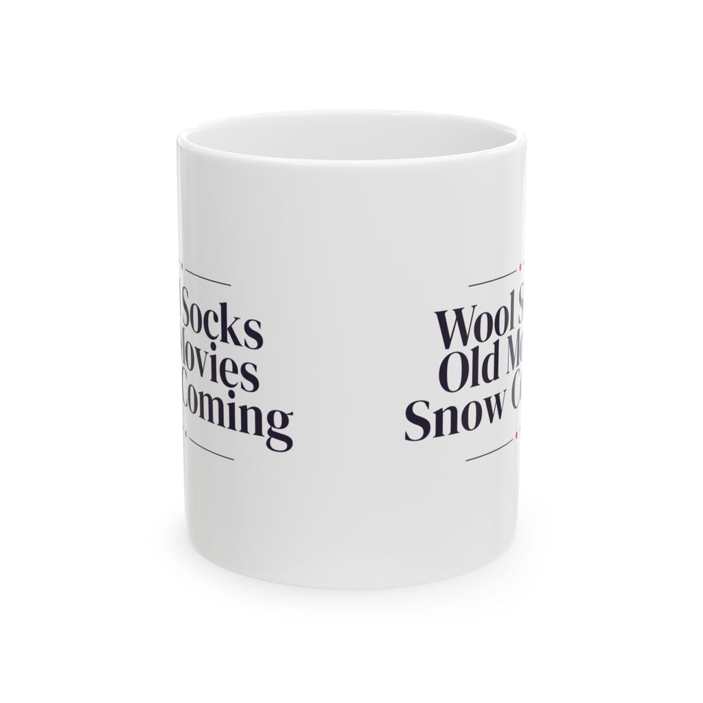 Christmas Cozy Coffee Mug Wool Socks Old Movies Snow Coming