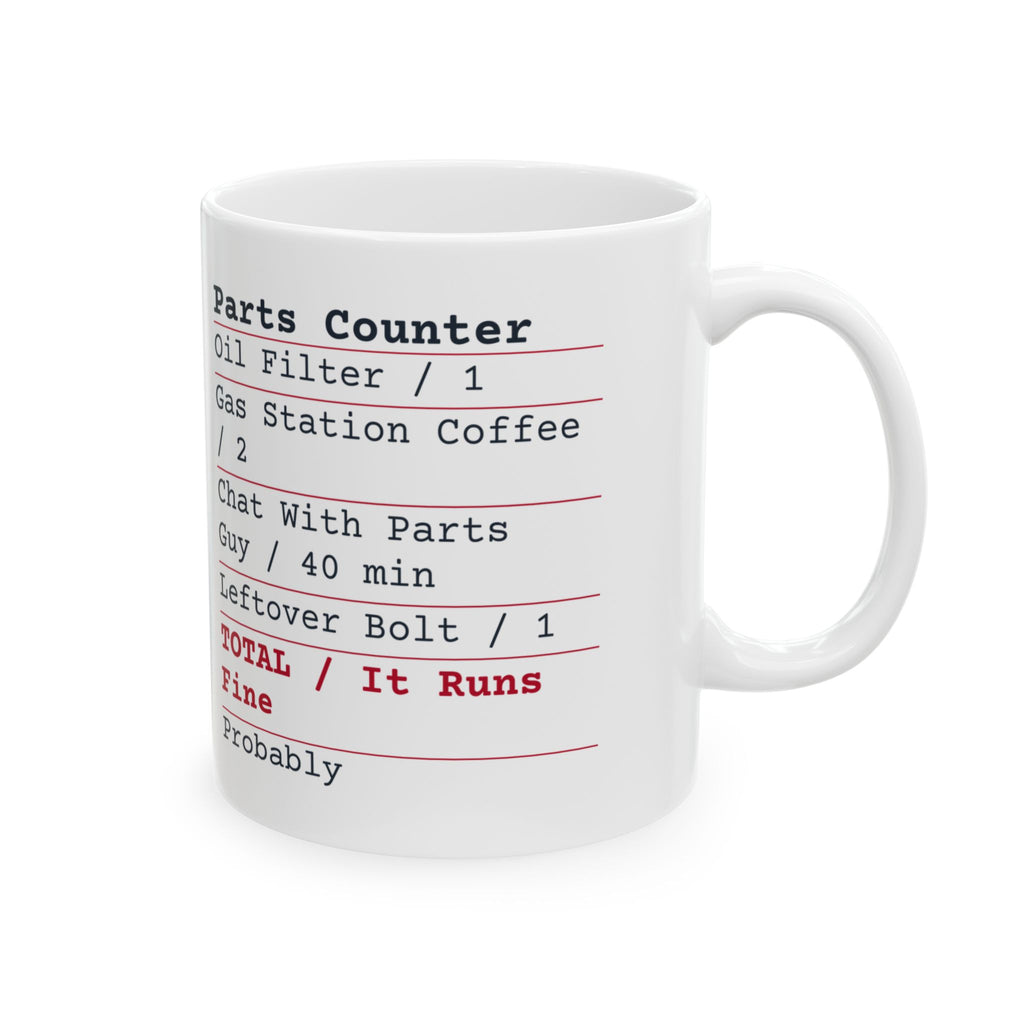 Funny Car Guy Coffee Mug Parts Counter Receipt Leftover Bolt