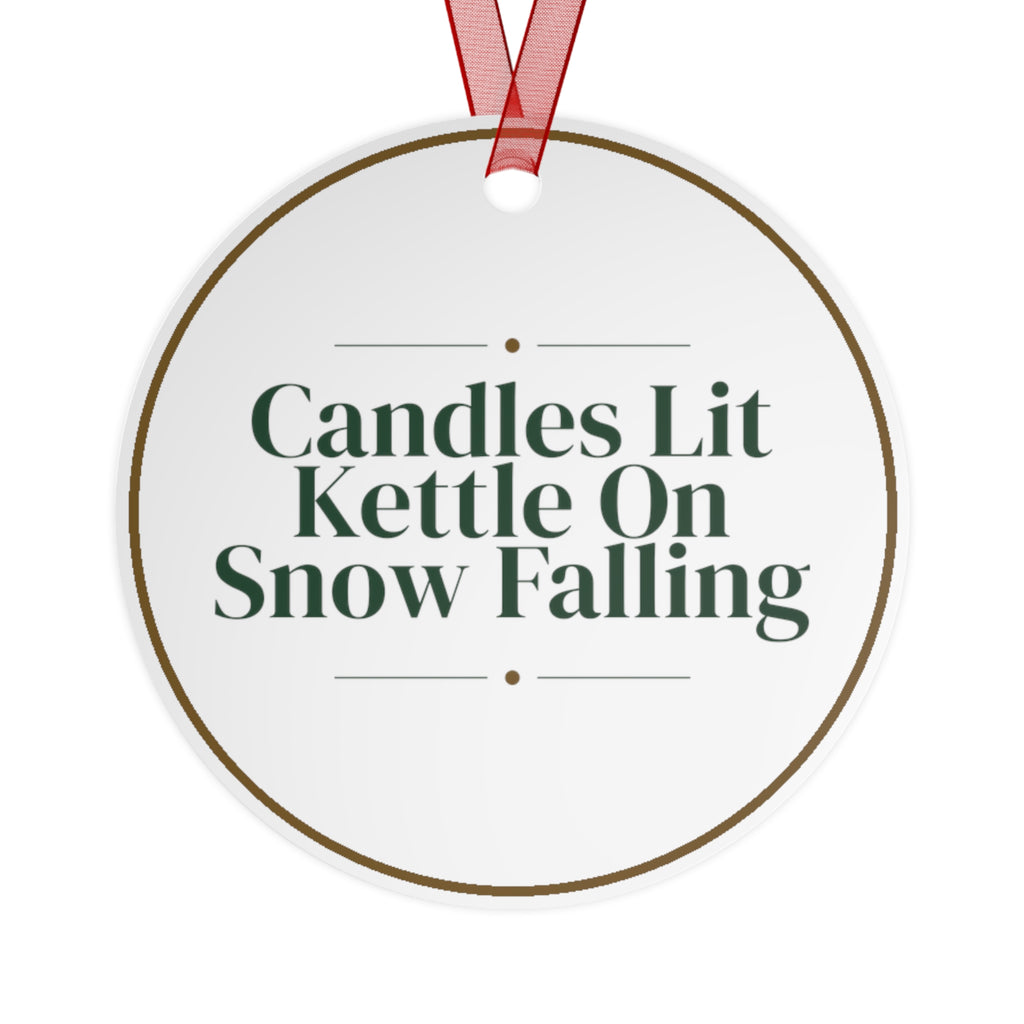 Christmas Ornament Candles Lit Kettle On Snow Falling