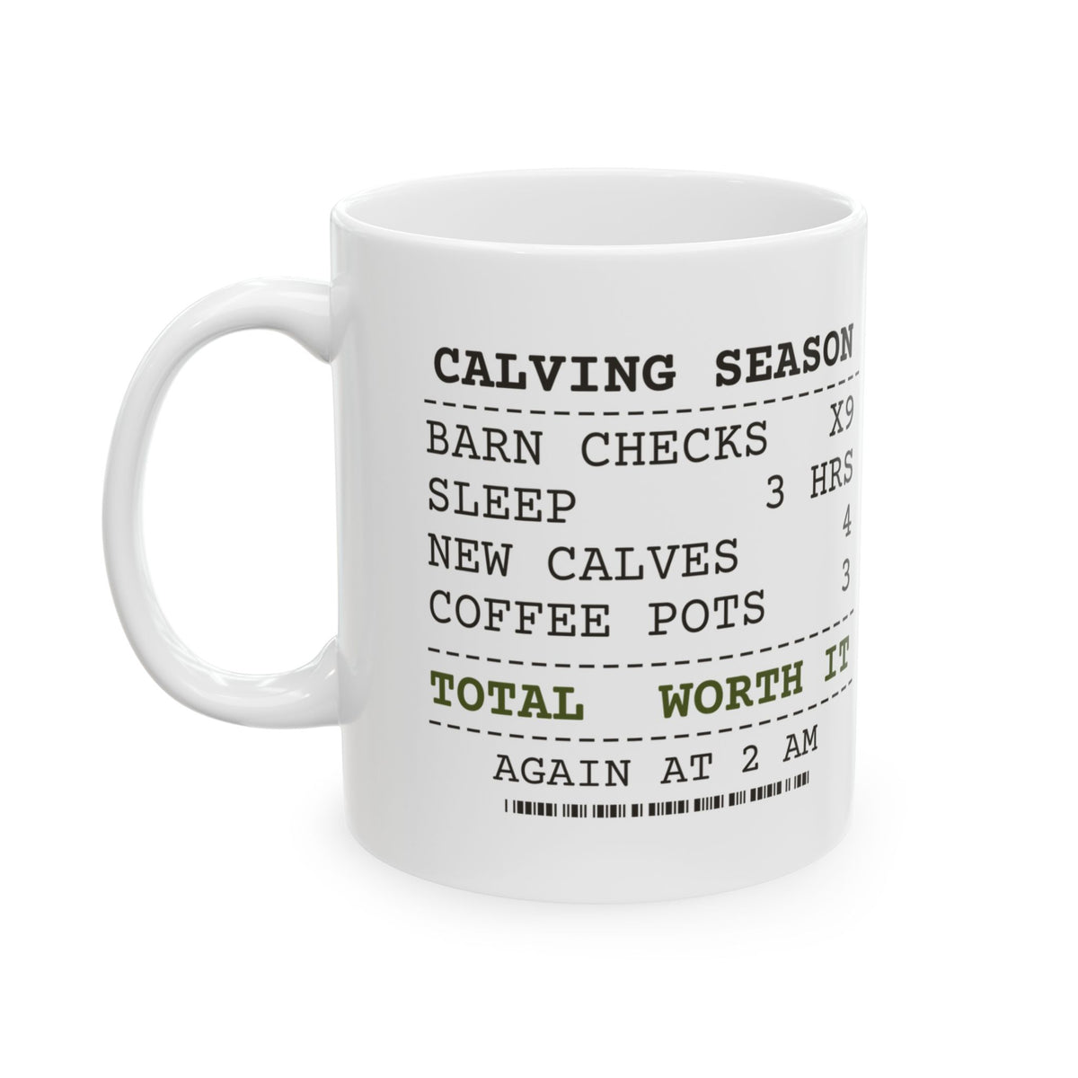 Funny Farmer Coffee Mug Calving Checks 2 AM 4 AM 6 AM Receipt